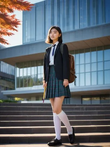 Senior high school girl, uniform, blazer, white shirt, plaid skirt, knee-high socks, black loafers, backpack, design and architecture student, holding a drafting pencil, standing in front of a modern 