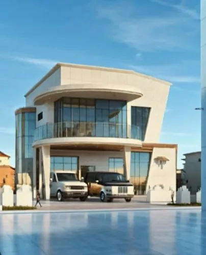 A commercial building at citycenter with other buildings  with people walking around and cars and with day sky and clouds,a glass window on a building with two trucks in front of it,car showroom,mubad