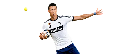 Cristiano Ronaldo, Juventus jersey, number 7, European football player, athletic build, short hair, determined facial expression, sweaty skin, white jersey with black stripes, blue shorts, soccer ball