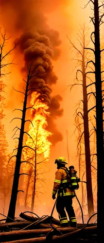 Wildfires, blazing flames, orange and yellow hues, smoke billowing, charred tree trunks, burning bushes, scorched earth, firemen in action, helmets, oxygen masks, water hoses, intense heat, dramatic l