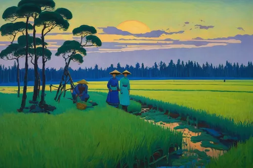 the rice field,ricefield,rice fields,yamada's rice fields,rice field,rice paddies,paddy field,rural landscape,alligator alley,han thom,summer evening,paddy harvest,rice cultivation,marsh,japan landscape,green fields,night scene,idyll,salt meadow landscape,in the evening,Art,Classical Oil Painting,Classical Oil Painting 27