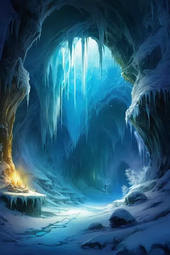 ice cave,glacier cave,blue caves,blue cave,the blue caves,ice castle,ice landscape,ice planet,crevasse,cave,northrend,glacial melt,fantasy landscape,the glacier,sea caves,ice wall,sea cave,entrance glacier,glacier,fantasy picture,Illustration,Realistic Fantasy,Realistic Fantasy 16