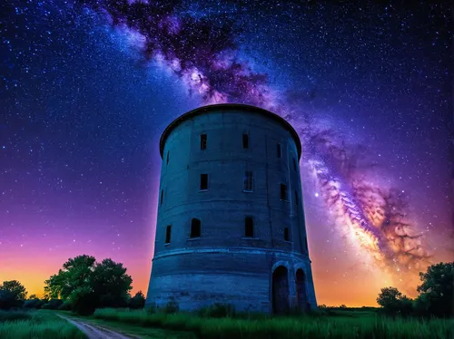 Old Water Tower and The Milky Way,watertower,water tower,observatory,astronomy,silo,astronomer,the milky way,telescope,watchtower,indiana,round barn,planetarium,lookout tower,astronomical,milky way,hi