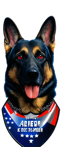 German Shepherd dog, military K9 insignia, black fur, golden eyes, alert ears, sharp teeth, silver metallic badge, bold font, red and blue stripes, patriotic theme, centered composition, high contrast