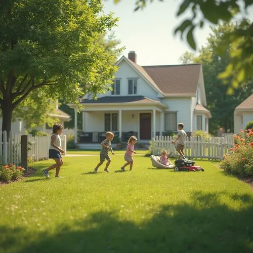 children playing,tilt shift,crewdson,cohousing,green lawn,neighbors,lawn,playing outdoors,3d rendering,suburbia,croquet,robotic lawnmower,suburbanites,on the grass,front yard,summer day,meadow play,meetinghouses,idyllic,neighborhood,Photography,General,Realistic