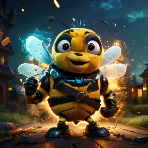 electric sparks surrounding a happy dancing bumble bee,a 3d animated character wearing a bum suit,bombyx,kryptarum-the bumble bee,bee,metabee,heath-the bumble bee,boultbee