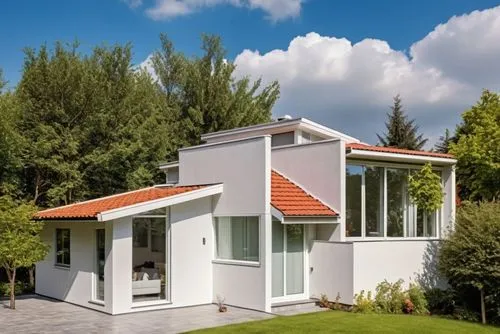 CASA  NUEVA DE DISEÑO MODERNO CON  TEJA EN CUBIERTA , VISTA DE DIA , GRAN CANTIDAD DE LUZ  , MANTENER LOS VOLUMENES ,a house sits on a paved concrete area next to trees,mid century house,prefabricated