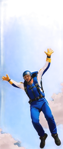 Free fall, solo figure, skydiver, helmet, goggles, oxygen mask, blue jumpsuit, backpack, arms and legs spread wide, wind blowing face, serious expression, clear blue sky, fluffy white clouds, sun shin