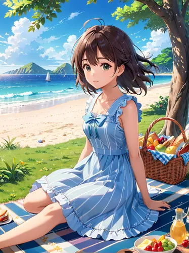 beach background,summer background,beach scenery,holding a coconut,honolulu,miku maekawa,ocean background,blue hawaii,spring background,euphonium,summer items,aloha,spring leaf background,summer day,picnic,picnic basket,springtime background,himuto,portrait background,watermelon background,Anime,Anime,Realistic