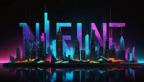 Vibrant colorful words, 3D typography, metallic material, reflective surface, futuristic neon lights, abstract background, glowing particles, intricate details, modern sans-serif font, bold italicized