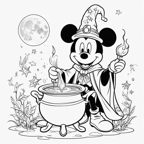 A black-and-white coloring page featuring a cartoon character Mickey Mouse dressed as a whimsical wizard with a pointy hat and cape, holding a wand over a bubbling cauldron. The environment includes c