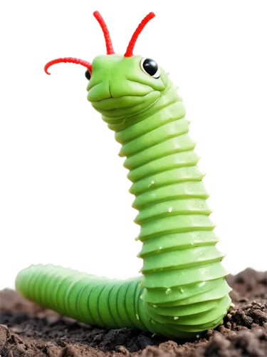 Thick worm, green skin, slimy texture, segmented body, wiggling movement, small eyes, antennae, soil surroundings, moist environment, macro photography, shallow depth of field, warm color tone, cinema