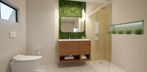 The modern bathroom is bathed in a soft light, with a wall hung toilet, a floating vanity, and shower. There is a modern glass cubicle, its spout filled with lush green plants lining the walls, and a 