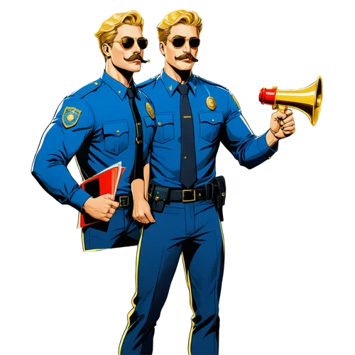 Cop, cartoon style, male, muscular build, blue police uniform, golden badge, sunglasses, blonde hair, mustache, serious facial expression, holding a megaphone, standing pose, dynamic composition, vibr