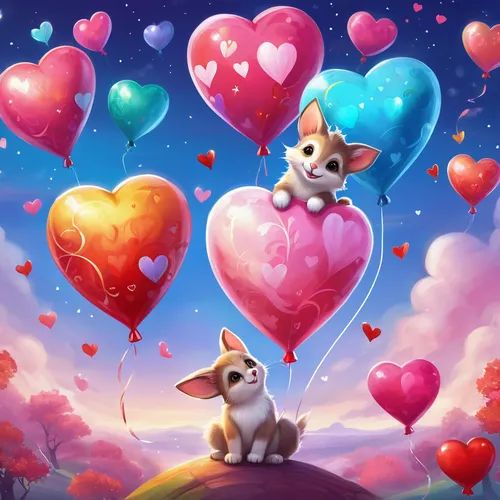 Create playful Valentine's Day images with cute animals, heart-shaped balloons, and vibrant colors. Design adorable greetings for a fun and joyful celebration.,heart balloons,valentines day background