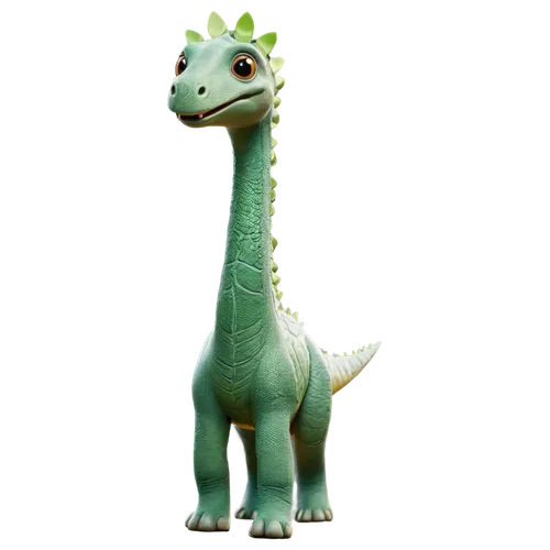 Cute Brachiosaurus, green skin, long neck, small head, big eyes, smiling face, gentle expression, leafy crown, walking pose, front legs bent, back legs straight, toes spread, scaly texture, soft focus