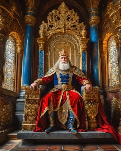 Majestic god emperor, mature man, muscular build, golden crown, long white beard, piercing blue eyes, elaborate golden armor, ornate red cape, sitting, golden throne, intricate carvings, luxurious vel