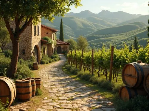 Rolling vineyards, lush green hills, rustic stone buildings, wooden wine barrels, grapevines, trellises, arched windows, terracotta roofs, natural stone pathways, olive trees, Mediterranean climate, w