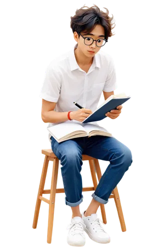 Korean illustrator, young adult, male, messy hair, black-rimmed glasses, casual wear, white shirt, dark blue jeans, sneakers, holding pencil, sketchbook, creative posture, leaning forward, 3/4 composi