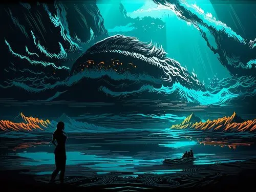 a man stands in the middle of an ocean with mountains in the background,tidal wave,ocean background,god of the sea,depths,samudra,charybdis,ocean,exploration of the sea,dark beach,fire and water,biolu