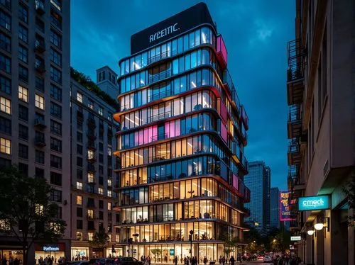 Vibrant postmodern skyscraper, irregular shapes, fragmented forms, bold color schemes, reflective glass fa\u00e7ades, metallic accents, cantilevered structures, asymmetrical compositions, ornate decor