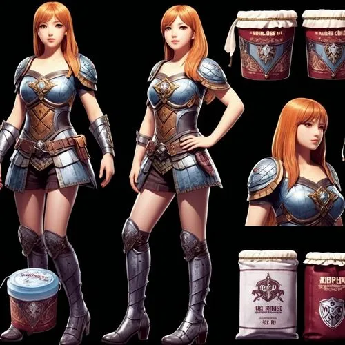 product design，Packaging Design,a girl with red hair in armor and some jars,sophitia,katarina,ekatarina,kasumi,teela,kushana,Photography,General,Realistic