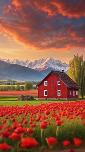 field of poppies,tulips field,poppy fields,tulip fields,tulip field,poppy field,red barn,flower field,field of flowers,red tulips,landscape red,landscape background,farm landscape,blooming field,red poppies,home landscape,beautiful landscape,flowers field,farm background,meadow landscape,Photography,General,Commercial