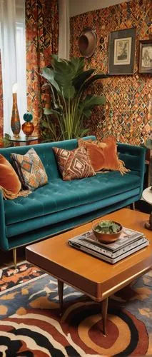 mid century modern,mid century,moroccan pattern,mid century house,teal and orange,mahdavi,kilim,interior decor,contemporary decor,rugs,chaise lounge,midcentury,sitting room,interior decoration,living room,modern decor,patterned wood decoration,livingroom,reupholstered,home interior,Illustration,Realistic Fantasy,Realistic Fantasy 14