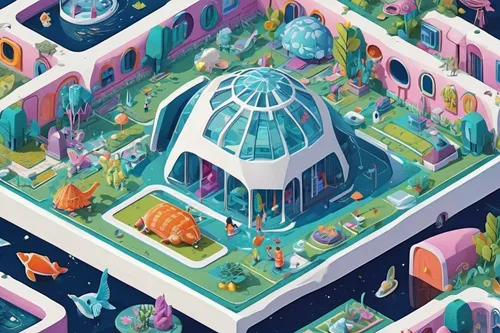 aquarium,terrarium,diamond lagoon,futuristic landscape,fantasy city,musical dome,greenhouse,apiarium,greenhouse cover,panoramical,alien world,flower dome,fairy world,mushroom island,igloo,mushroom landscape,lagoon,ice planet,space port,aquariums,Unique,3D,Isometric