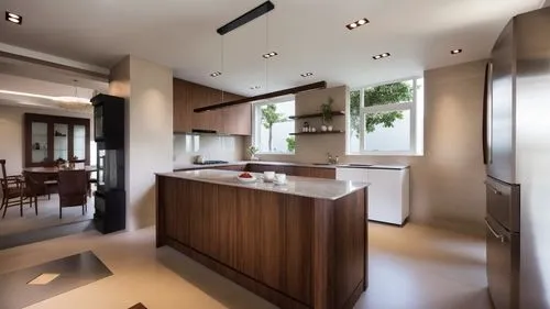 Inside a sleek and modern kitchen, a marble countertop made entirely of rich mahogany wood sits in the center of a wooden table. The wooden grain glistens, showcasing the warmth of the sun. Tears stre