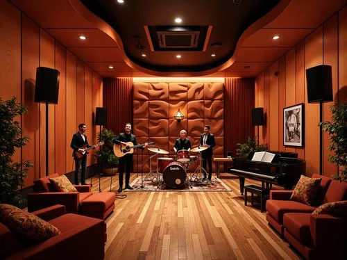 Intimate music venue, warm wooden flooring, sound-absorbing panels, curved ceiling design, professional stage lighting, high-fidelity speakers, comfortable seating areas, acoustic guitars, drum sets, 