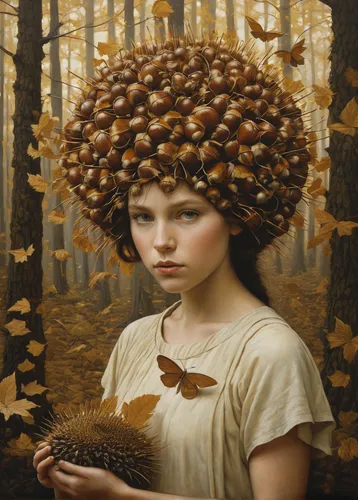 Imagine a fantasy world where magical creatures use chestnut burs as a source of power and protection.,girl with bread-and-butter,fallen acorn,acorn,girl with tree,cloves schwindl inge,mushroom hat,ch