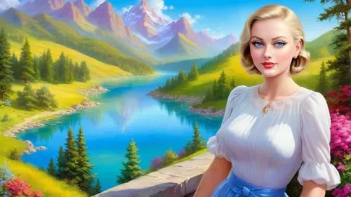 Romantic masterpiece oil painting, beautiful slim busty woman portrait, nostalgic 1950's style kitsch, standing in front of a breathtaking beautiful epic vast landscape, majestic vibrant lush wilderne