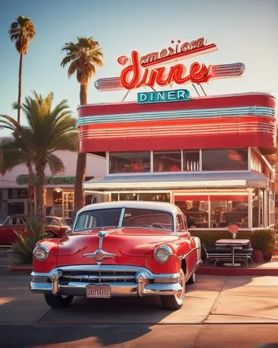 1950s American diner, neon lights, retro signage, chrome accents, red leather booths, checkered floor, vintage jukebox, nostalgic atmosphere, afternoon sun, warm lighting, shallow depth of field, cine