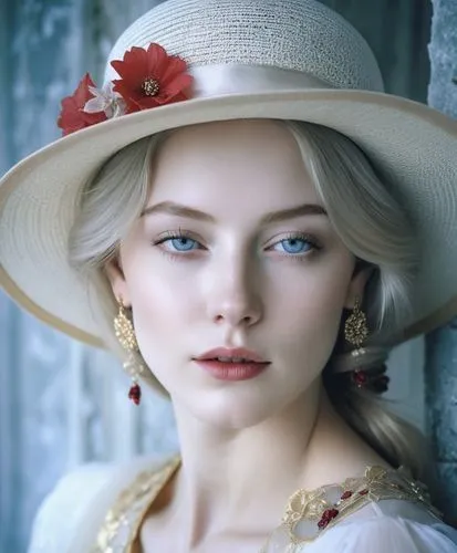 Close-up portrait of a young woman with striking features, displaying a thoughtful or introspective expression. Her face is highlighted by bright blue eyes, red lipstick, and delicate freckles dusting