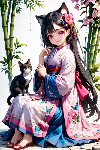 1girl, solo, looking at viewer, 18 years old, hand of Guido Daniele, jewelry, black hair, full body, hanfu, white background, sitting on stone, flower, bamboo, cat, Exquisite floral, hair ornament, tr