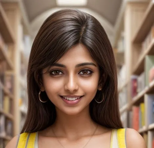 female indian Banita Sandhu, with dark brown hair and light brown skin, in a bookstore, smiling cheerfully, wearing a yellow sleeveless blouse and denim shorts,indian girl,humita,kamini,indian celebri