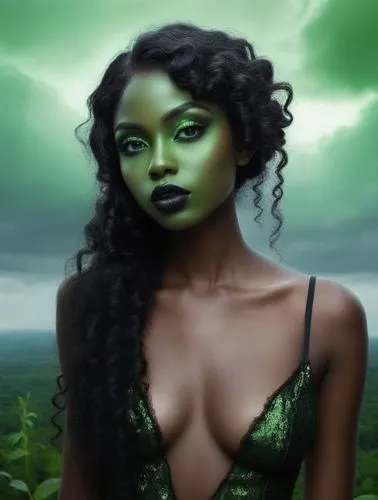 nude Beautiful nigerian girl, full dark curly hair, big green almond eyes, full black lips, misty sky,a black woman with green makeup and dark - skinned skin in front of a backdrop,matangi,anahata,elp