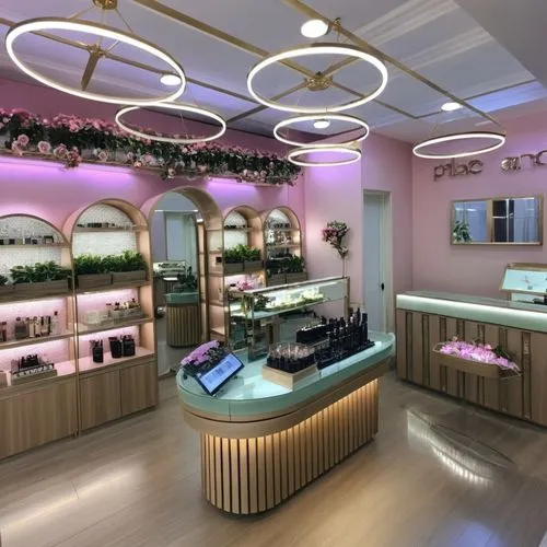 well-stocked luxury makeup store interior of beauty salon pleasant atmosphere excellent luxury lighting delicious aroma in it counters with shadows and makeup, mirrors with lights and hairdressing cha