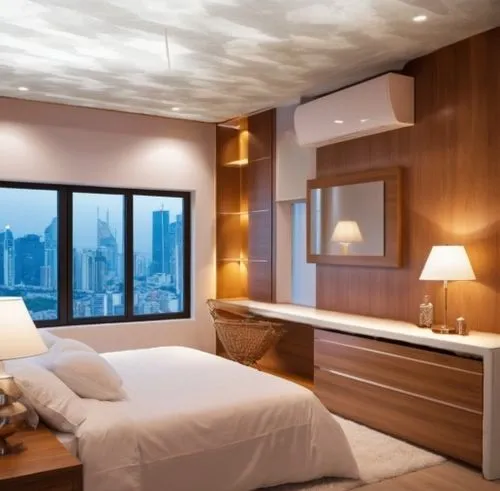 Ceiling, table,bedroom with bed, desk, lamp and window,modern room,guestrooms,sleeping room,headboards,largest hotel in dubai,swissotel