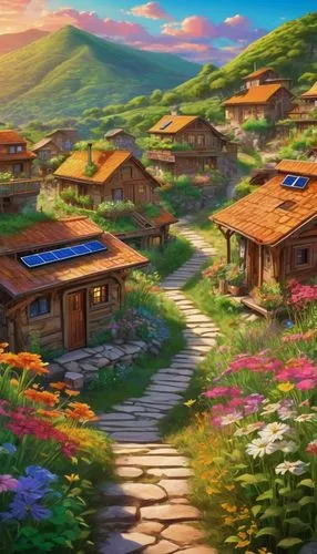 mountain village,alpine village,korean folk village,aurora village,korean village snow,landscape background,home landscape,ecovillages,mountain settlement,boardinghouses,villages,mountain huts,wooden houses,the valley of flowers,village life,springtime background,roof landscape,rice terrace,japanese sakura background,mountain scene,Illustration,Realistic Fantasy,Realistic Fantasy 39