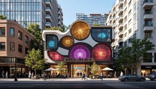 eixample,hotel w barcelona,public art,facade lantern,lovemark,nespresso,colorful facade,citycenter,passeig de gracia,mosaic glass,hotel barcelona city and coast,discoideum,cubic house,edificio,abdali,gaudi,glass building,building honeycomb,urbanspoon,colorful glass