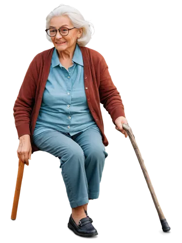 Old man, elderly woman, both sitting, wrinkled skin, white hair, gentle smiles, worn-out clothing, cardigan, walking stick, wrinkled hands, reading glasses, soft lighting, warm colors, 3/4 composition