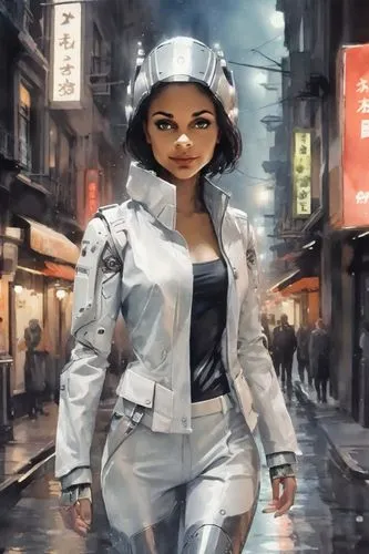 sci fiction illustration,world digital painting,pedestrian,woman walking,girl walking away,a pedestrian,protective suit,rain suit,silver rain,girl with speech bubble,shanghai,chinatown,asian woman,raincoat,walking in the rain,hong kong,vietnamese woman,cyberpunk,digital painting,pedestrians,Digital Art,Watercolor