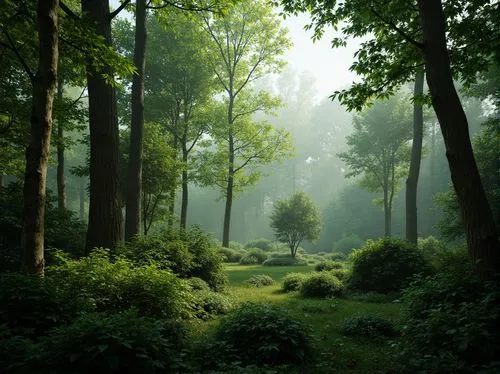 1 aspect ratio, realistic foliage, ambient occlusion.,the light shines through the trees and leaves on a foggy day,foggy forest,forest landscape,green forest,forest glade,forestland,forested,forest,th