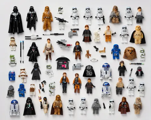 show all existing starwars charakters as catalog,collectible action figures,minifigures,from lego pieces,miniature figures,figurines,vintage toys,play figures,lego background,toy photos,plug-in figure