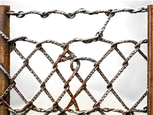 Chain link fence, rusty metal, intricate patterns, interlocking loops, silver-gray color, rough texture, worn-out surface, morning dew, soft sunlight filtering through links, 3/4 composition, shallow 