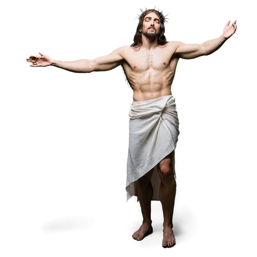 Jesus Christ, crucified, Crown of Thorns, sacred heart, white linen loincloth, nailed hands and feet, sorrowful expression, divine light aura, misty atmosphere, dramatic shadows, low-key lighting, cin