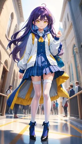 Female with indigo purple hair, yellow eyes, light academia clothing style, curvy, dress, heels, white over knee socks,the  in the anime is holding onto her coat,seiran,chihaya,nozomi,michiru,kanade,k