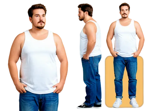 Fat man, significant weight gain, rounded face, double chin, messy brown hair, thick beard, mustache, casual wear, white tank top, blue jeans, black sneakers, standing, hands on hips, relaxed posture,